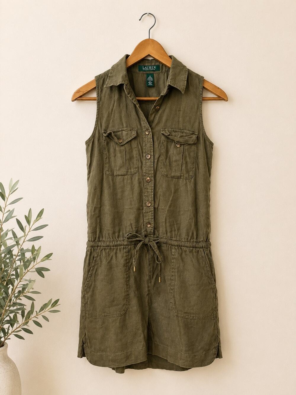 LRL Ralph Lauren Utility Romper Olive Green Sleeveless Button Up Size 2P Safari